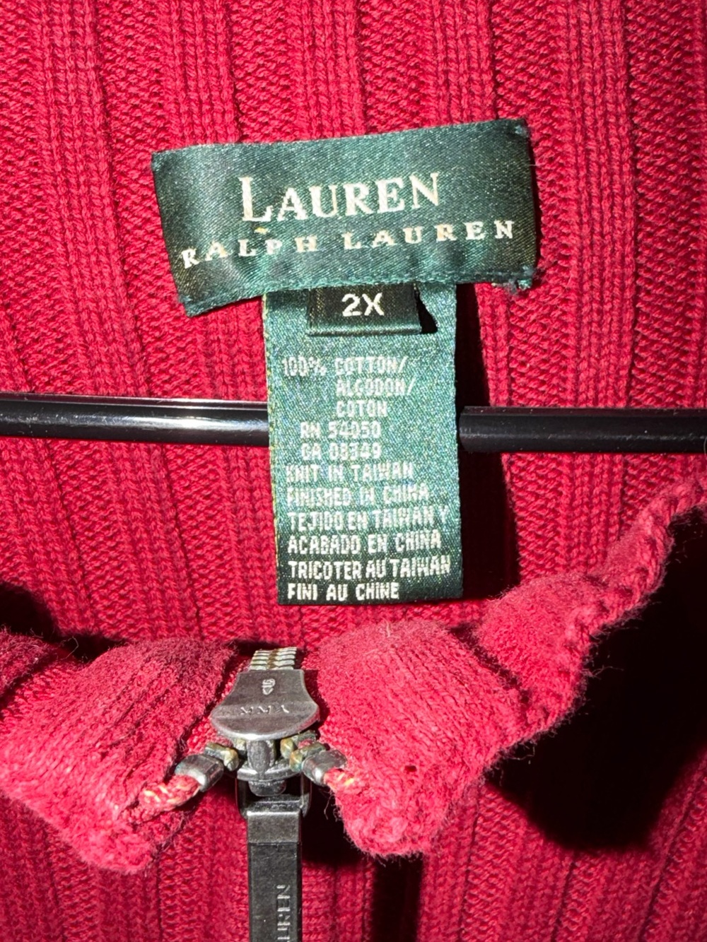 Lauren Ralph Lauren Crimson Ribbed Zip-Front Sweater - 2X